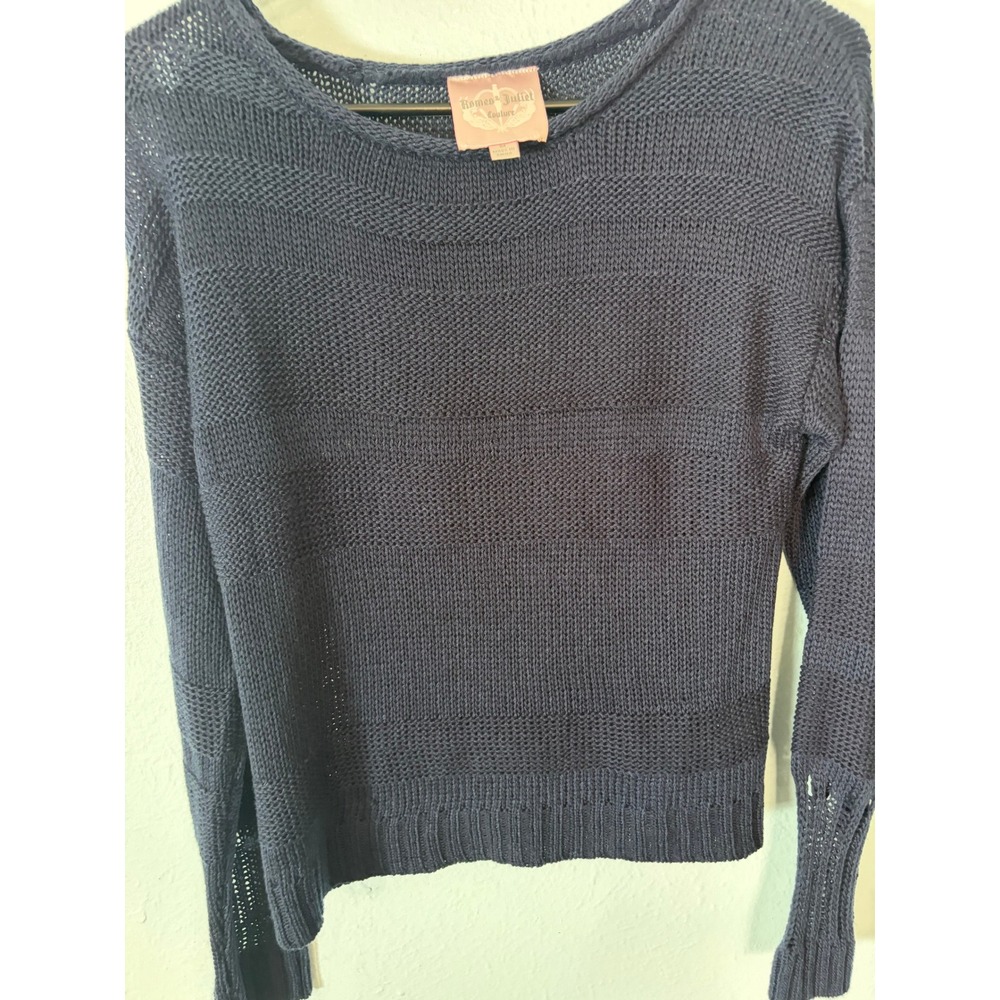 Romeo & Juliet Couture Navy Blue Open Knit Striped Sweater Size Medium Y2K Boho